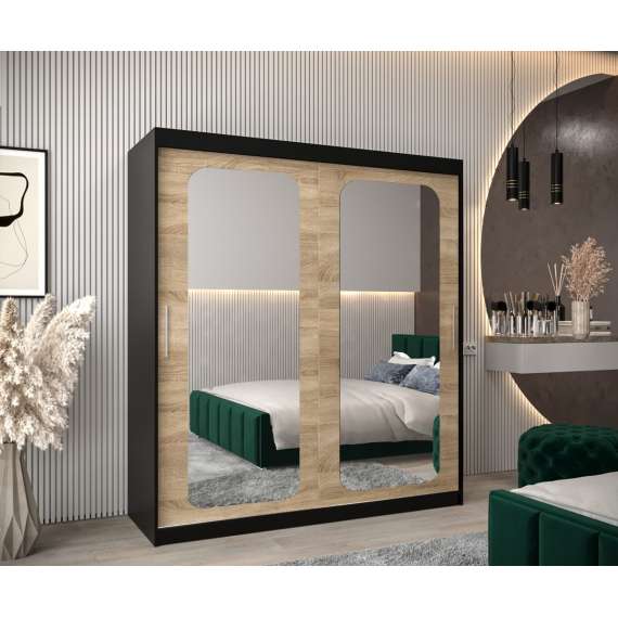 Garderobeskap PROMO T3 180x200 cm - svart matt - skyvedører - speil