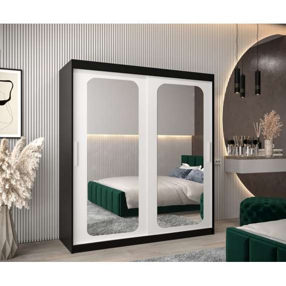 Garderobeskap PROMO T3 180x200 cm - svart matt - skyvedører - speil