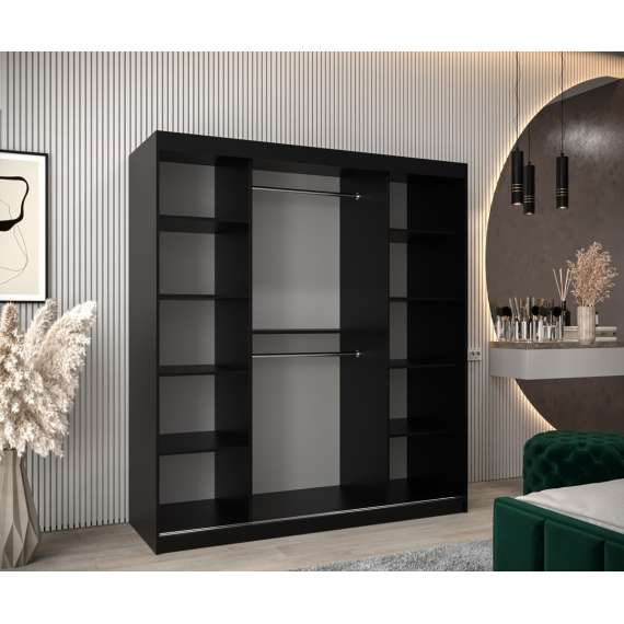 Garderobeskap PROMO T3 180x200 cm - svart matt - skyvedører - speil