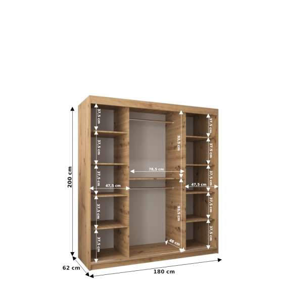 Garderobeskap PROMO T3 180x200 cm - eik artisan - skyvedører - speil