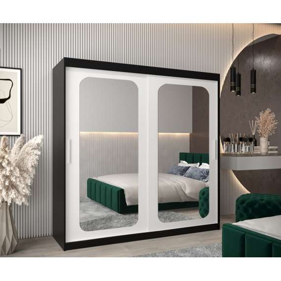 Garderobeskap PROMO T3 200x200 cm - svart matt - skyvedører - speil