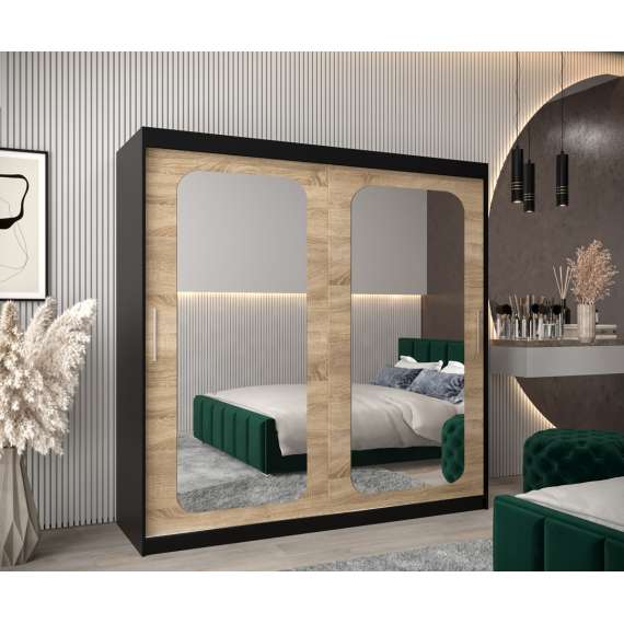 Garderobeskap PROMO T3 200x200 cm - svart matt - skyvedører - speil