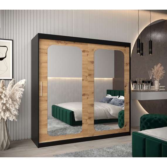 Garderobeskap PROMO T3 200x200 cm - svart matt - skyvedører - speil