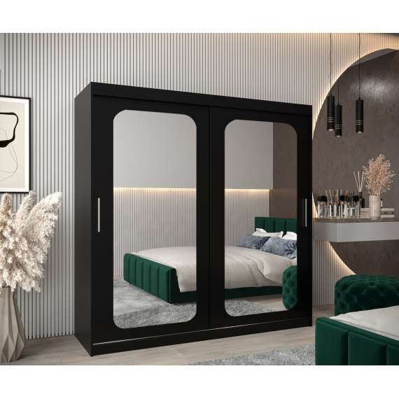 Garderobeskap PROMO T3 200x200 cm - svart matt - skyvedører - speil