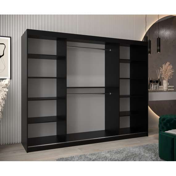 Garderobeskap PROMO T3 250x200 cm - svart matt - skyvedører - speil