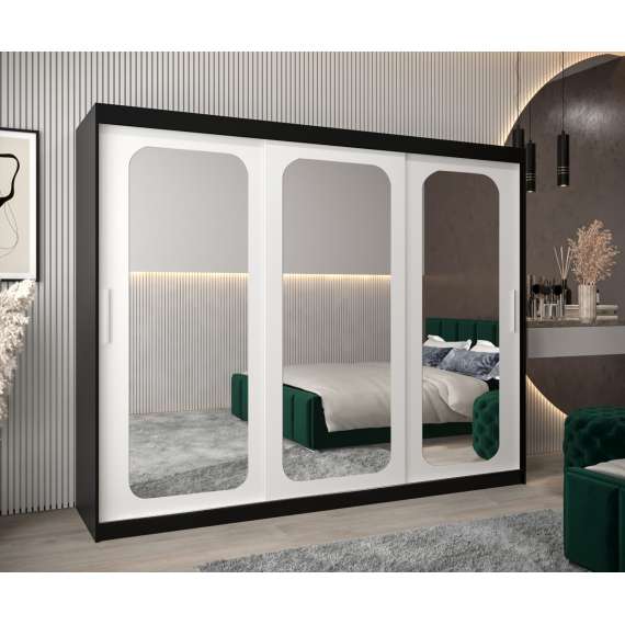 Garderobeskap PROMO T3 250x200 cm - svart matt - skyvedører - speil