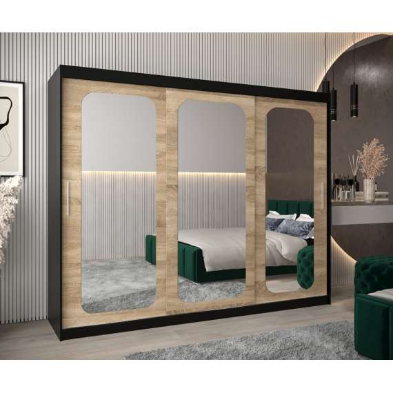 Garderobeskap PROMO T3 250x200 cm - svart matt - skyvedører - speil