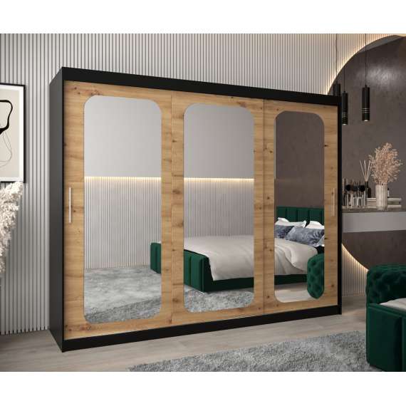 Garderobeskap PROMO T3 250x200 cm - svart matt - skyvedører - speil