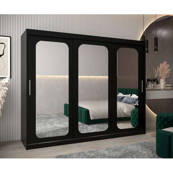 Garderobeskap PROMO T3 250x200 cm - svart matt - skyvedører - speil