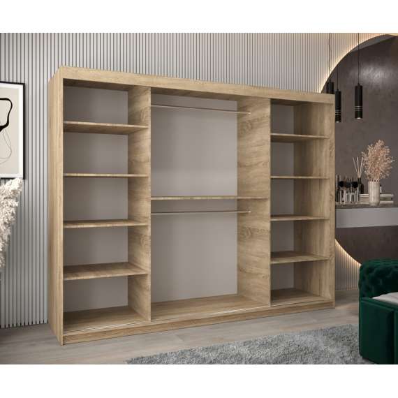 Garderobeskap PROMO T3 250x200 cm - eik sonoma - skyvedører - speil