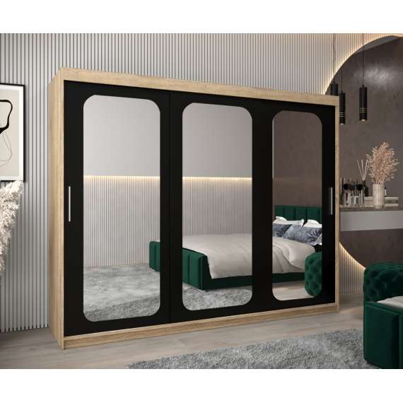 Garderobeskap PROMO T3 250x200 cm - eik sonoma - skyvedører - speil