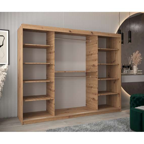 Garderobeskap PROMO T3 250x200 cm - eik artisan - skyvedører - speil