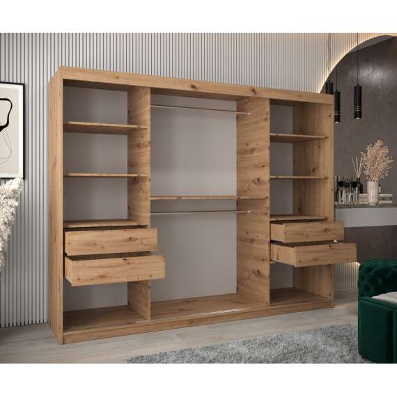 Garderobeskap PROMO T3 250x200 cm - eik artisan - skyvedører - speil