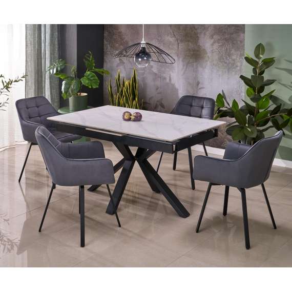 Spisebord PLATAN 140-180 cm - hvit marmor imitasjon - metal ben