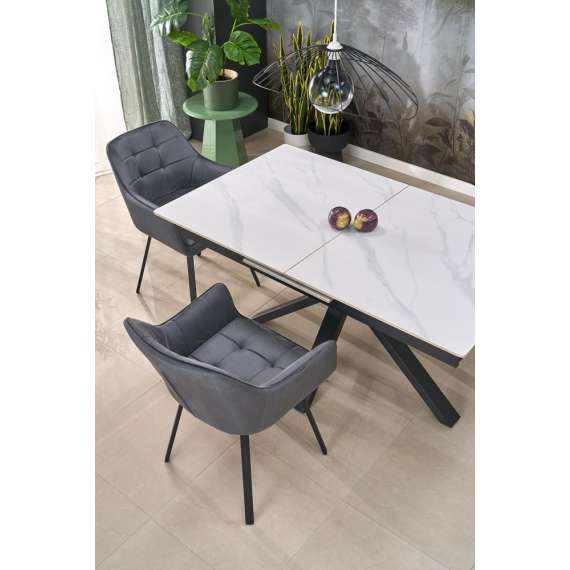 Spisebord PLATAN 140-180 cm - hvit marmor imitasjon - metal ben