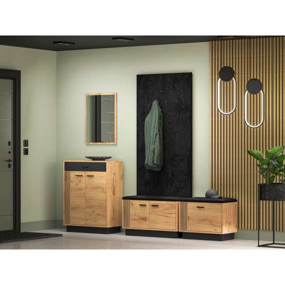 Skobenk VASCO 80x49 cm - 2 dører - eik craft gold - svart sittepute