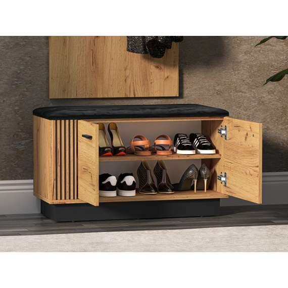 Skobenk VASCO 80x49 cm - 2 dører - eik craft gold - svart sittepute