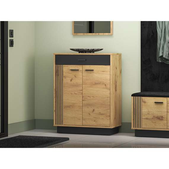 Skoskap VASCO 70x91 cm - 2 dører - 1 skuff - eik craft gold - svart matt detaljer