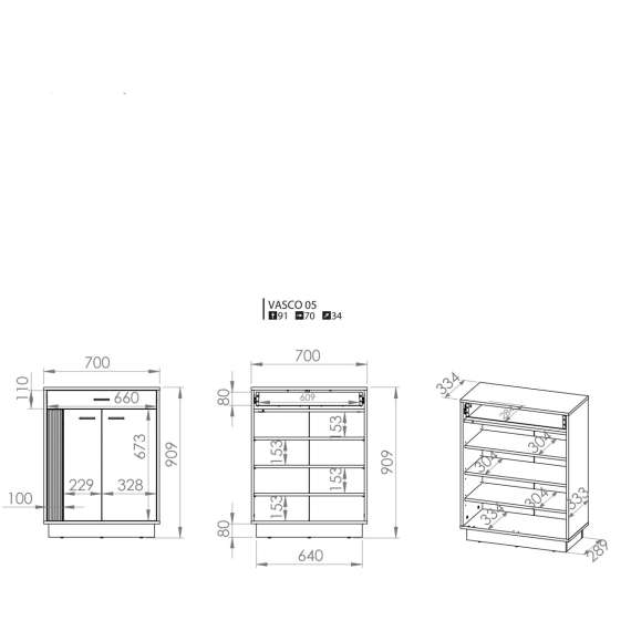 Skoskap VASCO 70x91 cm - 2 dører - 1 skuff - eik craft gold - svart matt detaljer