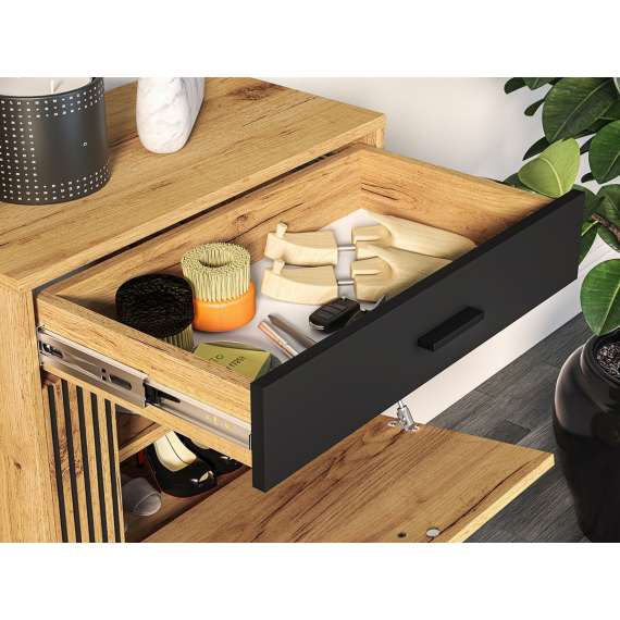 Skoskap VASCO 60x91 cm - 2 dører - 1 skuff - eik craft gold - svart matt detaljer