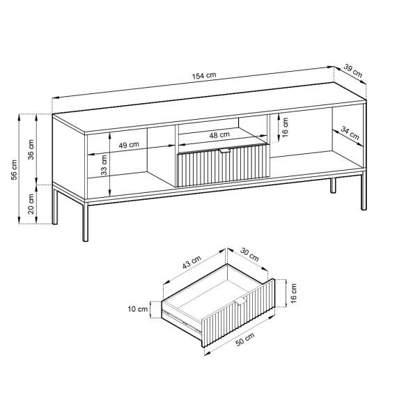 Tv-benk Nova 154x56 cm - eik - 3 dører og 1 skuff