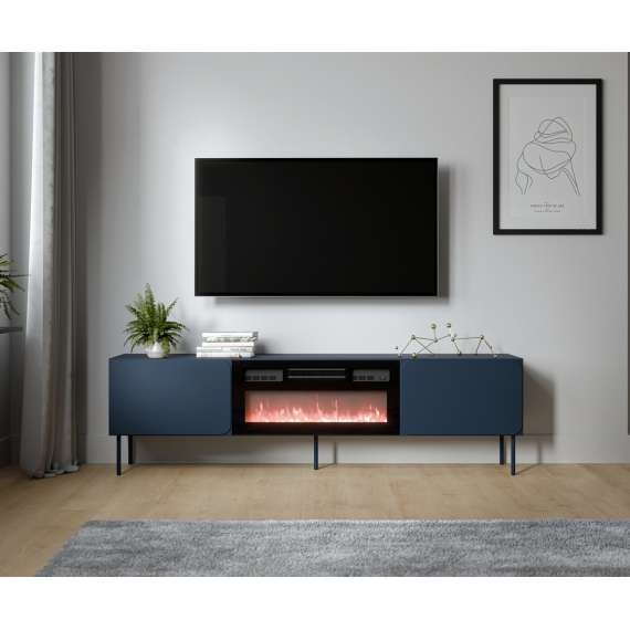Tv-benk RAFAEL 200x57cm - indigo - 2 dører - elektrisk peis