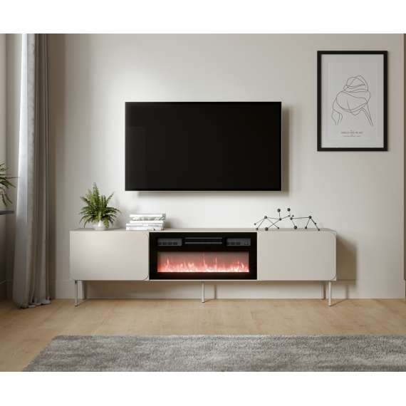 Tv-benk RAFAEL 200x57cm - cashmere - 2 dører - elektrisk peis