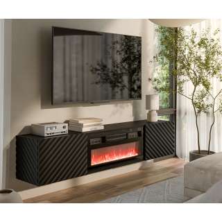 Vegghengt tv-benk LARA med elektrisk svart peis - 183x37 cm