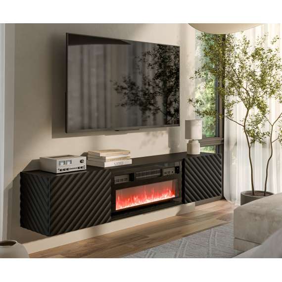 Vegghengt tv-benk LARA med elektrisk svart peis - 183x37 cm