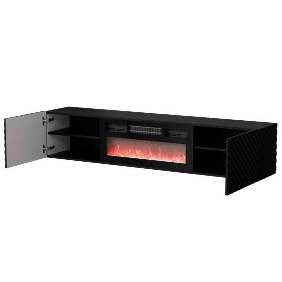 Vegghengt tv-benk LARA med elektrisk svart peis - 183x37 cm