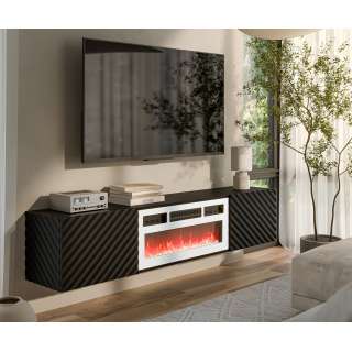 Vegghengt tv-benk LARA med elektrisk hvit peis - 183x37 cm