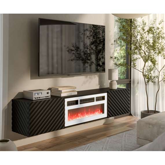 Vegghengt tv-benk LARA med elektrisk hvit peis - 183x37 cm