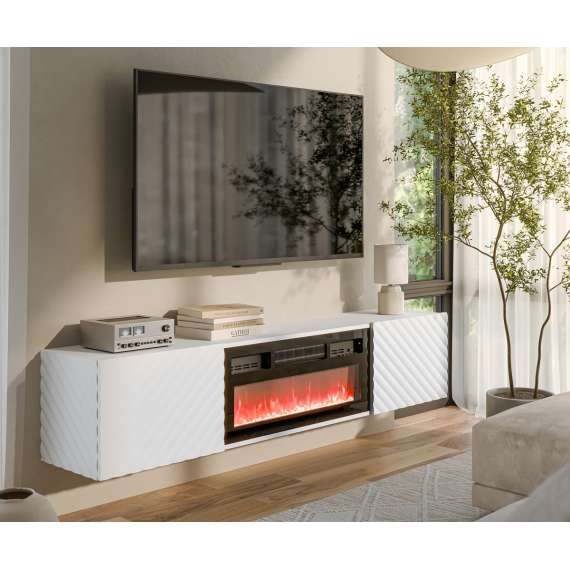Vegghengt tv-benk LARA med elektrisk svart peis - 183x37 cm - hvit høyglans