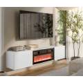 Vegghengt tv-benk LARA med elektrisk svart peis - 183x37 cm - hvit høyglans