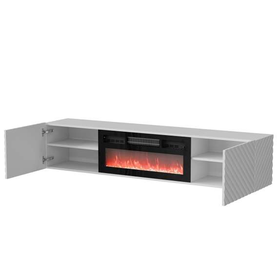 Vegghengt tv-benk LARA med elektrisk svart peis - 183x37 cm - hvit høyglans