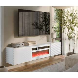 Vegghengt tv-benk LARA med elektrisk hvit peis - 183x37 cm - hvit høyglans