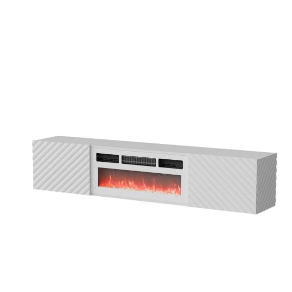 Vegghengt tv-benk LARA med elektrisk hvit peis - 183x37 cm - hvit høyglans