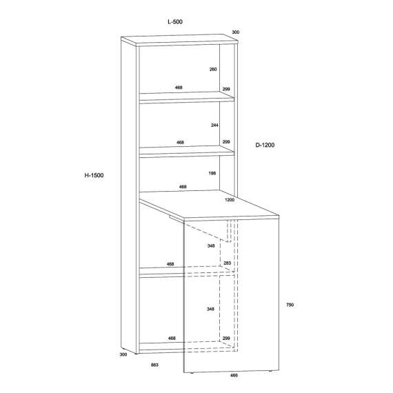 Skrivebord med reol HARMONY - 120x50x150 cm - hvit matt