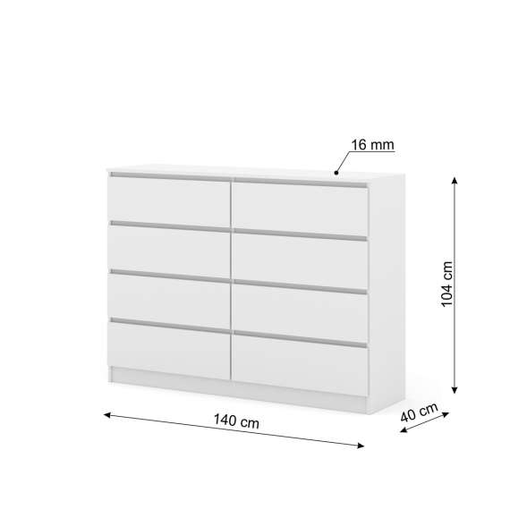 Kommode MAIA 140x104 cm - hvit matt - 8 skuffer