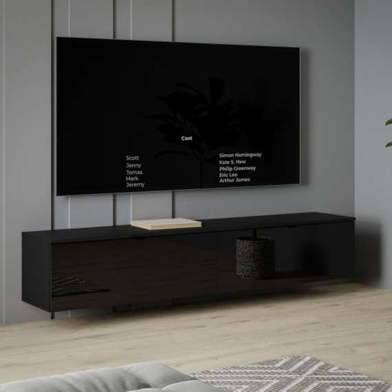 Vegghengt tv-benk LIBERTAD - 179x38 cm - svart matt - svart høyglans - 2 dører