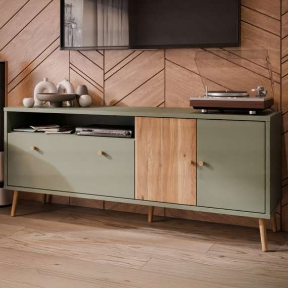 Tv-benk HARLLSON - 160x68 cm - salvie grønn - eik mauvella