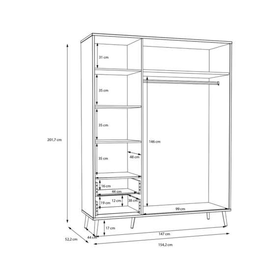 Garderobeskap HARLLSON - 155x202 cm - terracotta - 3 dører - 2 skuffer