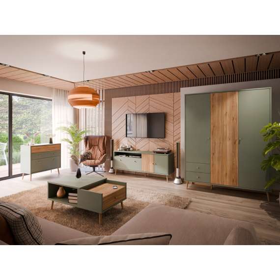 Tv-benk HARLLSON - 160x68 cm - salvie grønn - eik mauvella