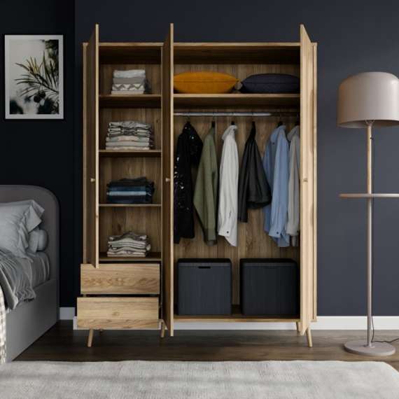 Garderobeskap HARLLSON - 155x202 cm - eik mauvella - 3 dører - 2 skuffer