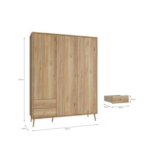 Garderobeskap HARLLSON - 155x202 cm - eik mauvella - 3 dører - 2 skuffer