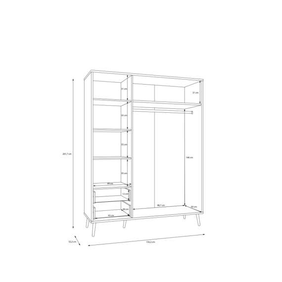 Garderobeskap HARLLSON - 155x202 cm - eik mauvella - 3 dører - 2 skuffer