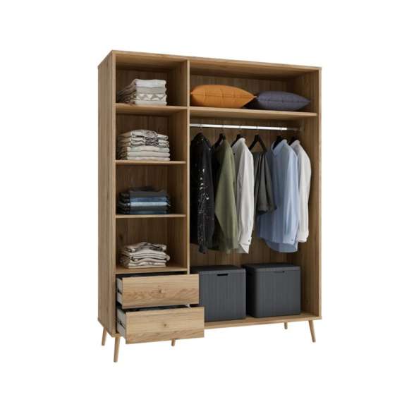 Garderobeskap HARLLSON - 155x202 cm - eik mauvella - 3 dører - 2 skuffer