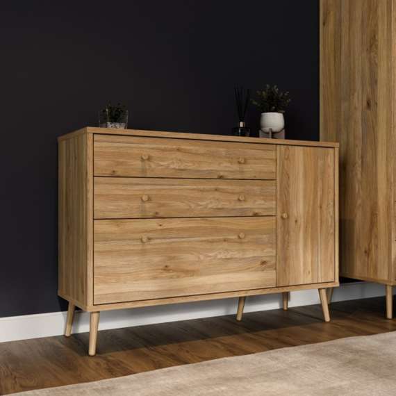 Skjenk HARLLSON - 125x86 cm - eik mauvella - 1 dør - 3 skuffer