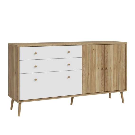 Skjenk HARLLSON - 159x86 cm - eik mauvella - hvit matt - 2 dører - 3 skuffer