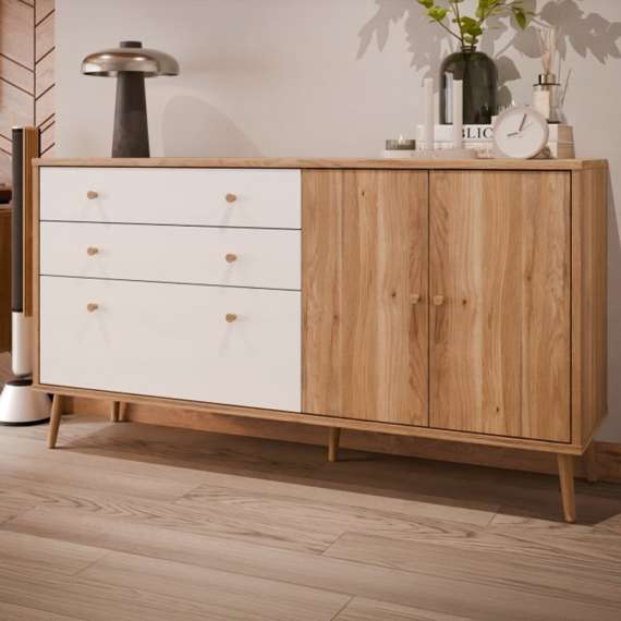 Skjenk HARLLSON - 159x86 cm - eik mauvella - hvit matt - 2 dører - 3 skuffer